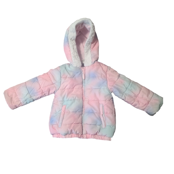 Girls 2T Fleece Lined Pastel Puffer Coat With Hood Pink - Picture 2 of 7